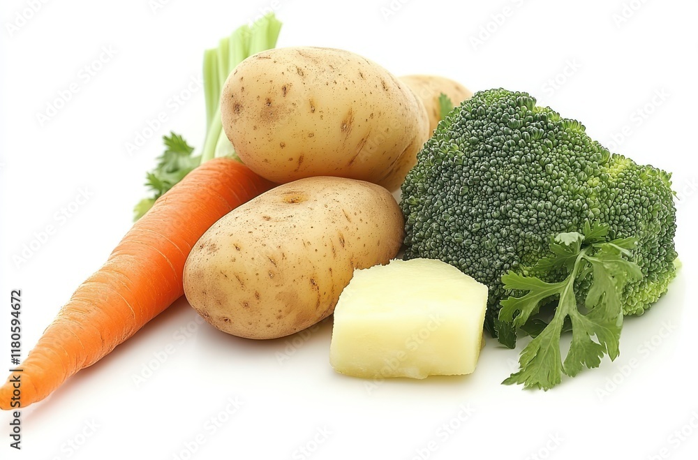 Fresh Vegetables and Ingredients for Healthy Cooking Including Carrots, Potatoes, Broccoli, Celery, and Cheese on a White Background for Culinary Use Fresh Vegetables and Ingredients for Healthy Cooking Including Carrots, Potatoes, Broccoli, Celery, and Cheese on a White Background for Culinary Use