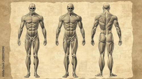 Anatomical illustration of male musculature, three-view perspective, showcasing detailed muscle structure.