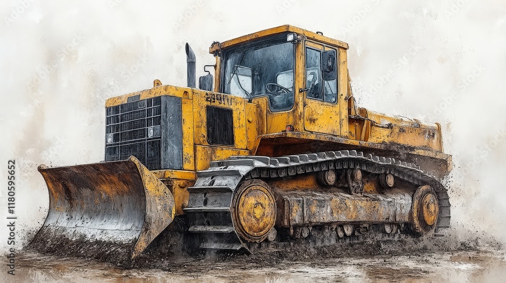 Muddy yellow bulldozer, powerful, working. Muddy yellow bulldozer, powerful, working.