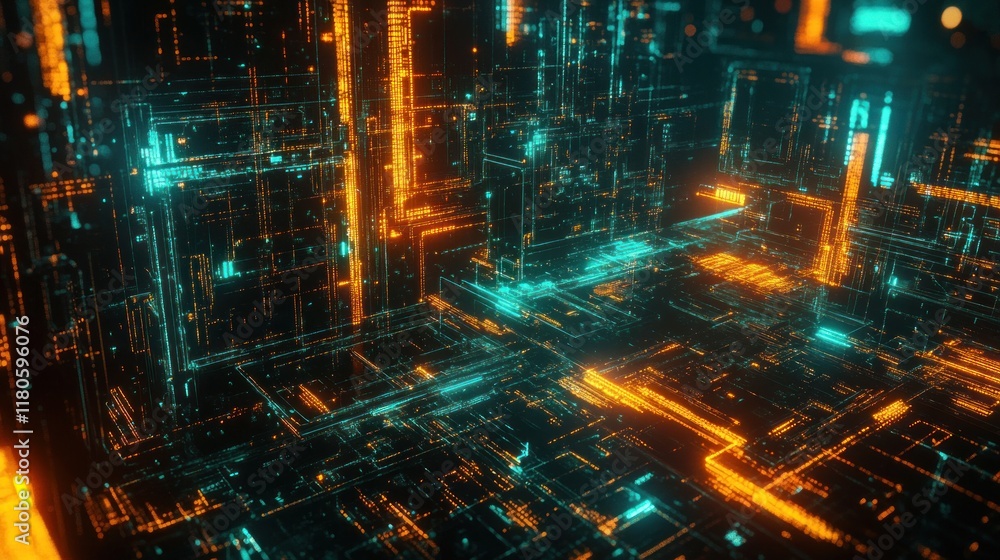 Fototapeta premium Neon Cityscape: A Futuristic Metropolis of Light and Data Streams