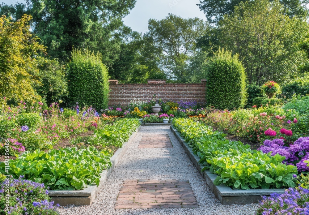 Obraz premium Lush Colorful Garden Pathway Surrounded by Blooming Flowers and Verdant Foliage in a Tranquil Outdoor Setting with Brick Wall Background