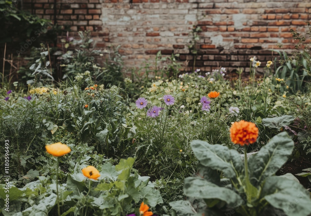 Fototapeta premium Lush Garden Landscape Featuring Vivid Flowers and Greenery with Rustic Brick Wall in the Background Creating a Charming Outdoor Space