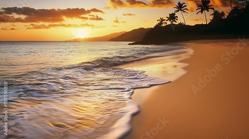 Fototapeta Naklejka Na Ścianę i Meble -  A beautiful beach with a sunset in the background