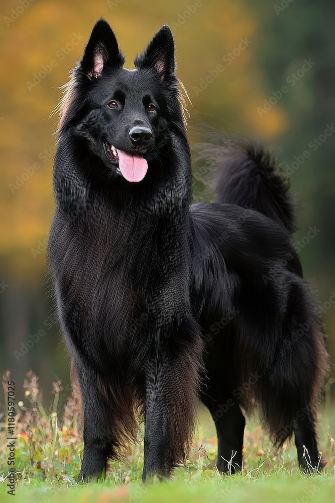 Majestic Black Belgian Shepherd Dog Poses in Autumn Landscape Majestic Black Belgian Shepherd Dog Poses in Autumn Landscape
