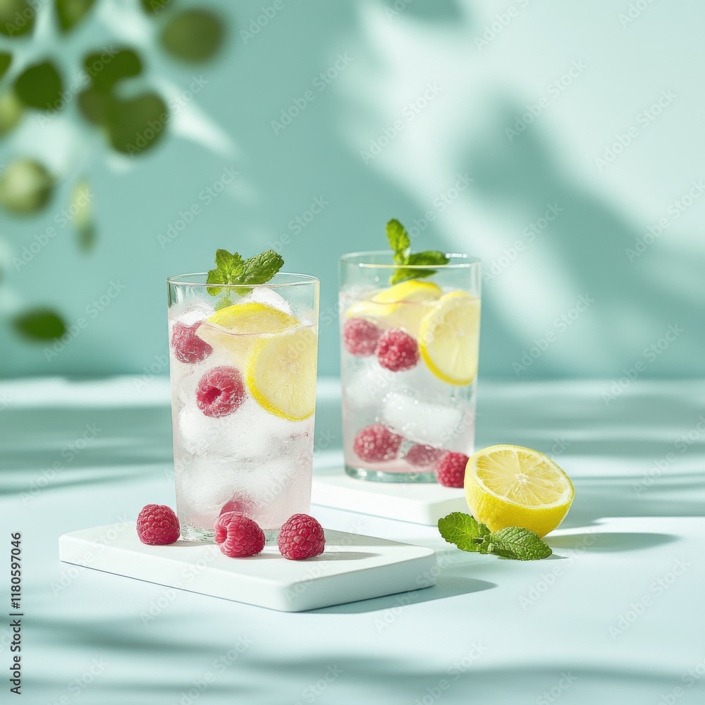 Refreshing Summer Beverage with Raspberries, Mint Leaves, and Lemon Slices Against a Soft Desaturated Background for Cool and Inviting Vibe Refreshing Summer Beverage with Raspberries, Mint Leaves, and Lemon Slices Against a Soft Desaturated Background for Cool and Inviting Vibe