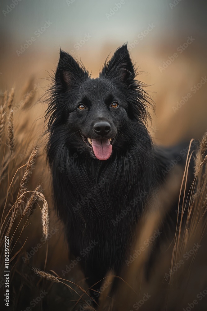 Black Dog in a Wheat Field Enjoys Autumn Scenery. Black Dog in a Wheat Field Enjoys Autumn Scenery.