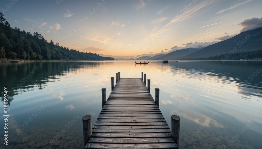 Obraz premium Tranquil Sunrise Over a Misty Lake with Wooden Dock