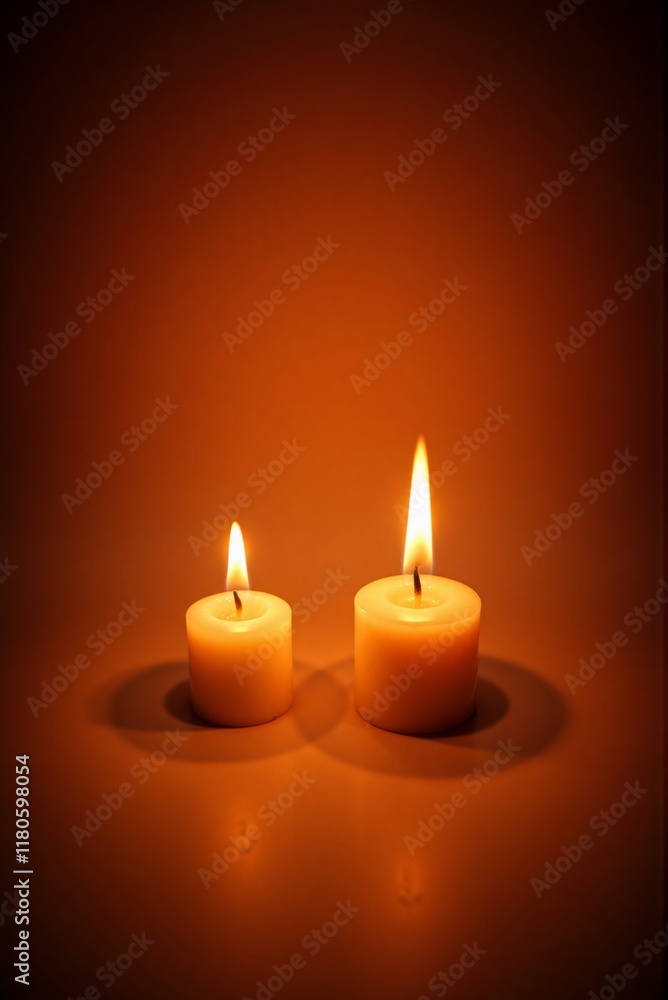 Two lit candles casting warm glow and soft shadows against an amber background Two lit candles casting warm glow and soft shadows against an amber background