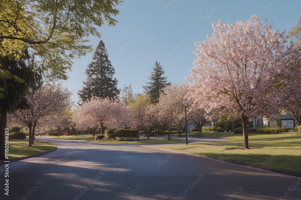Scenic Spring Street with Blooming Cherry Blossom Trees and Clear Blue Sky Scenic Spring Street with Blooming Cherry Blossom Trees and Clear Blue Sky