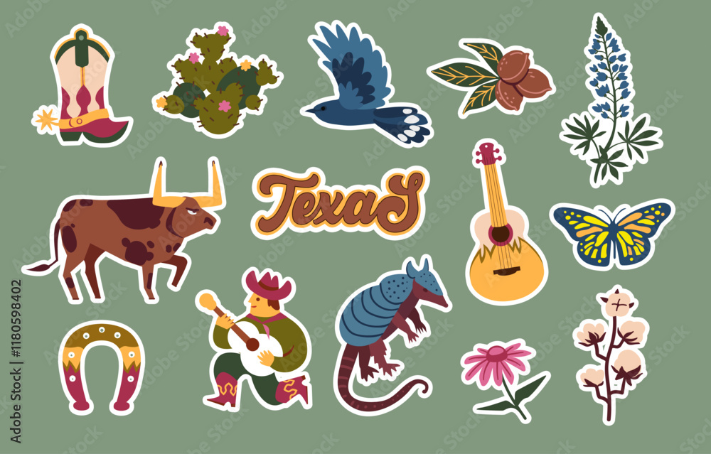 Naklejka premium Texas symbols . Wild west. Vector illustration for stickers, cards, poster