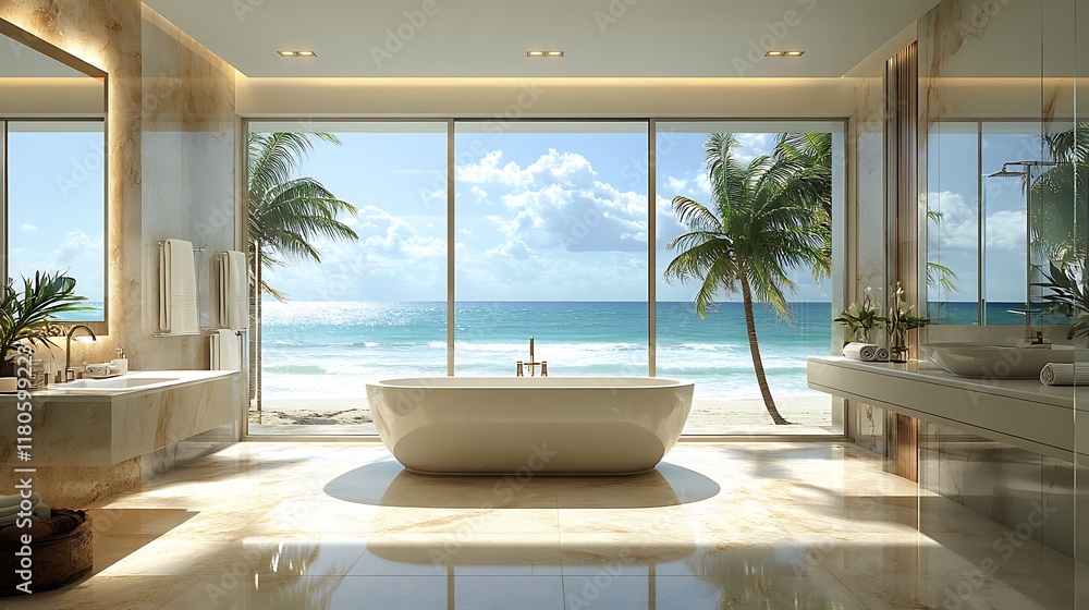 Fototapeta premium Relaxing bath with ocean view beachside bathroom modern design