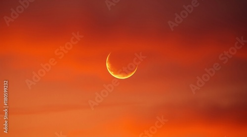 A luminous crescent moon shines against a vivid red-orange twilight sky, creating a striking visual contrast photo