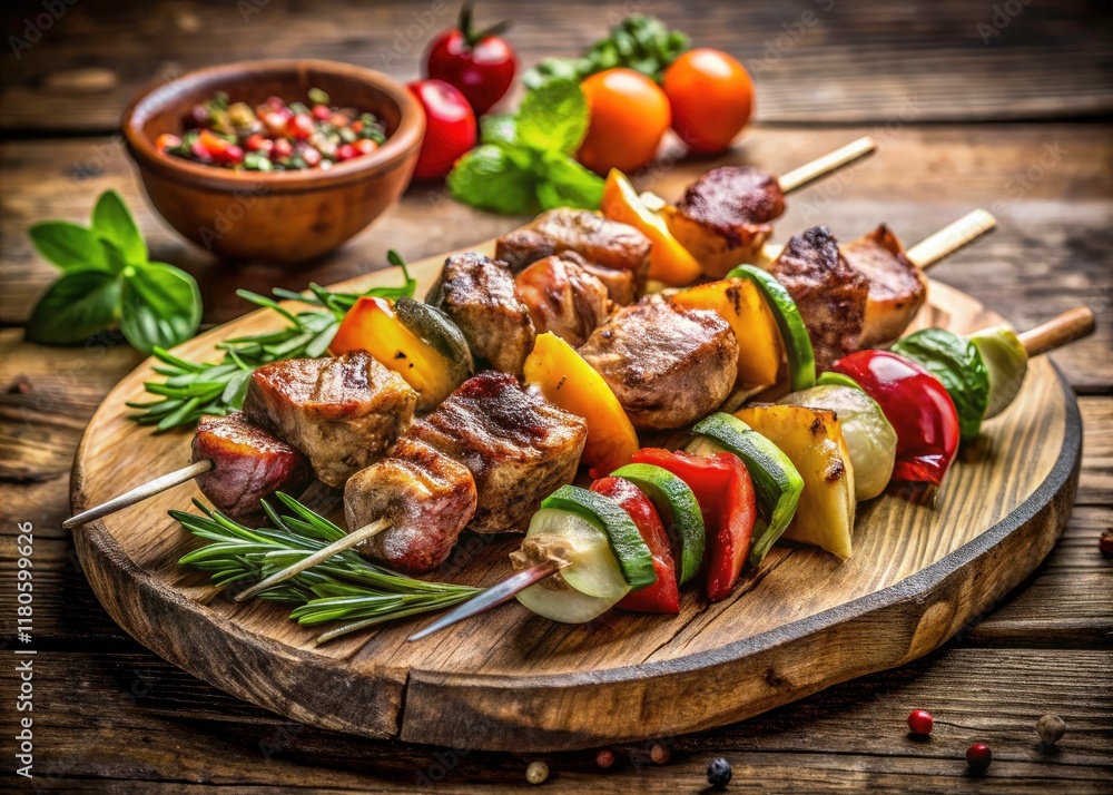Delicious Grilled Meat Skewers: BBQ Recipe, Summer Food, Wooden Board, Grilled Food Photography Delicious Grilled Meat Skewers: BBQ Recipe, Summer Food, Wooden Board, Grilled Food Photography
