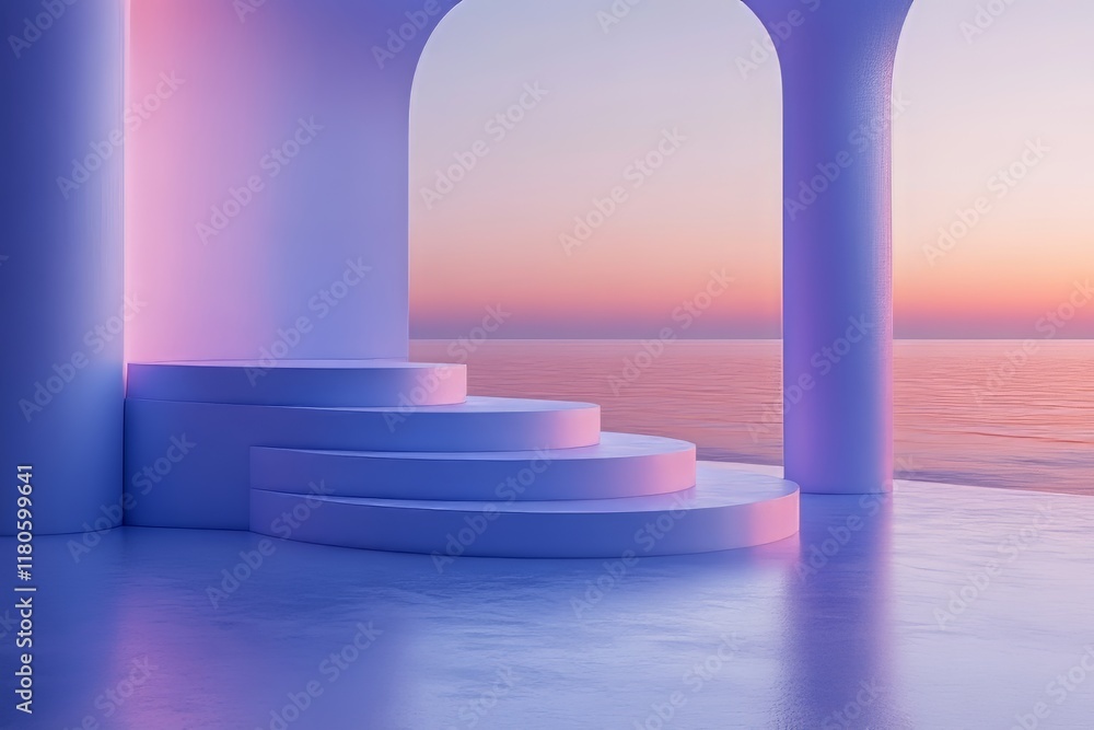 Obraz premium Abstract steps and archway at sunset over calm waters with pastel colors.