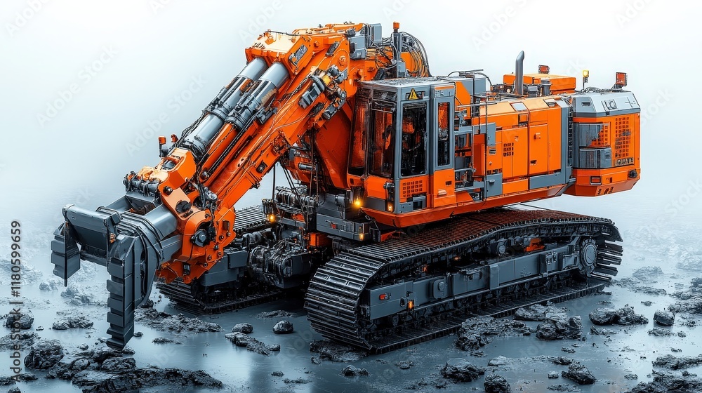Orange excavator digging in muddy terrain. Orange excavator digging in muddy terrain.