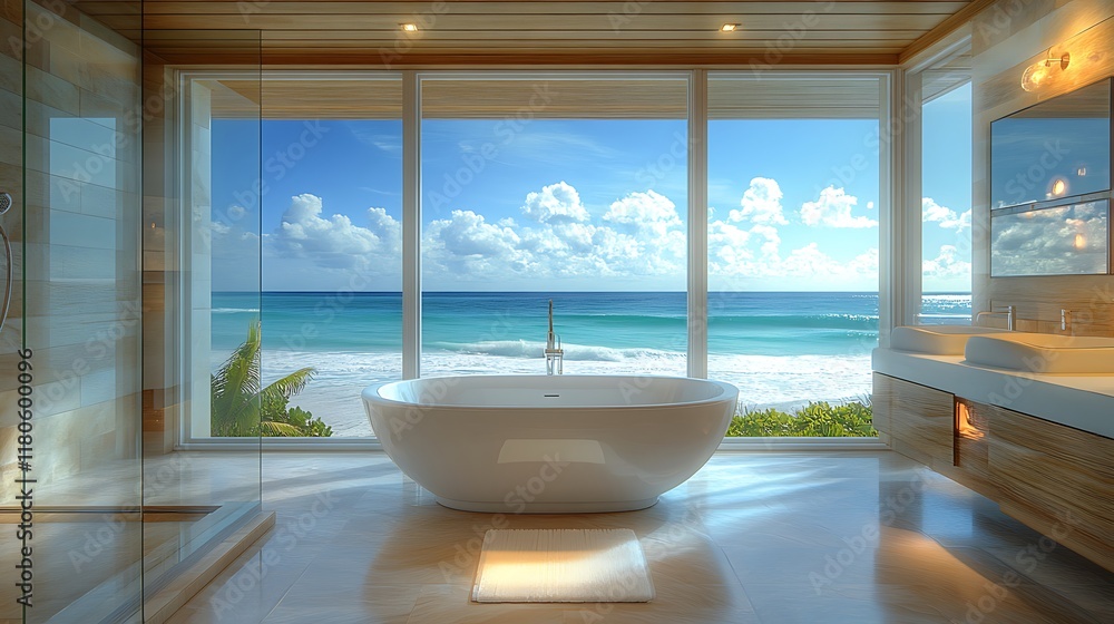 Fototapeta premium Relaxing spa retreat beachfront bathroom interior design coastal view