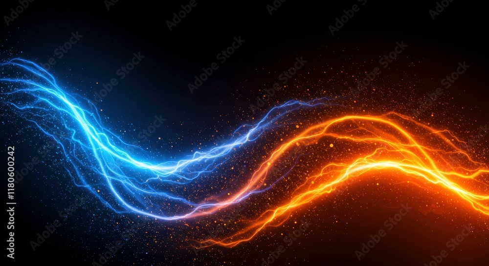 Fototapeta premium Abstract Energy: A captivating dance of blue and orange energy streaks, intertwining and swirling against a dark backdrop. The vibrant colors and dynamic motion create a captivating visual.