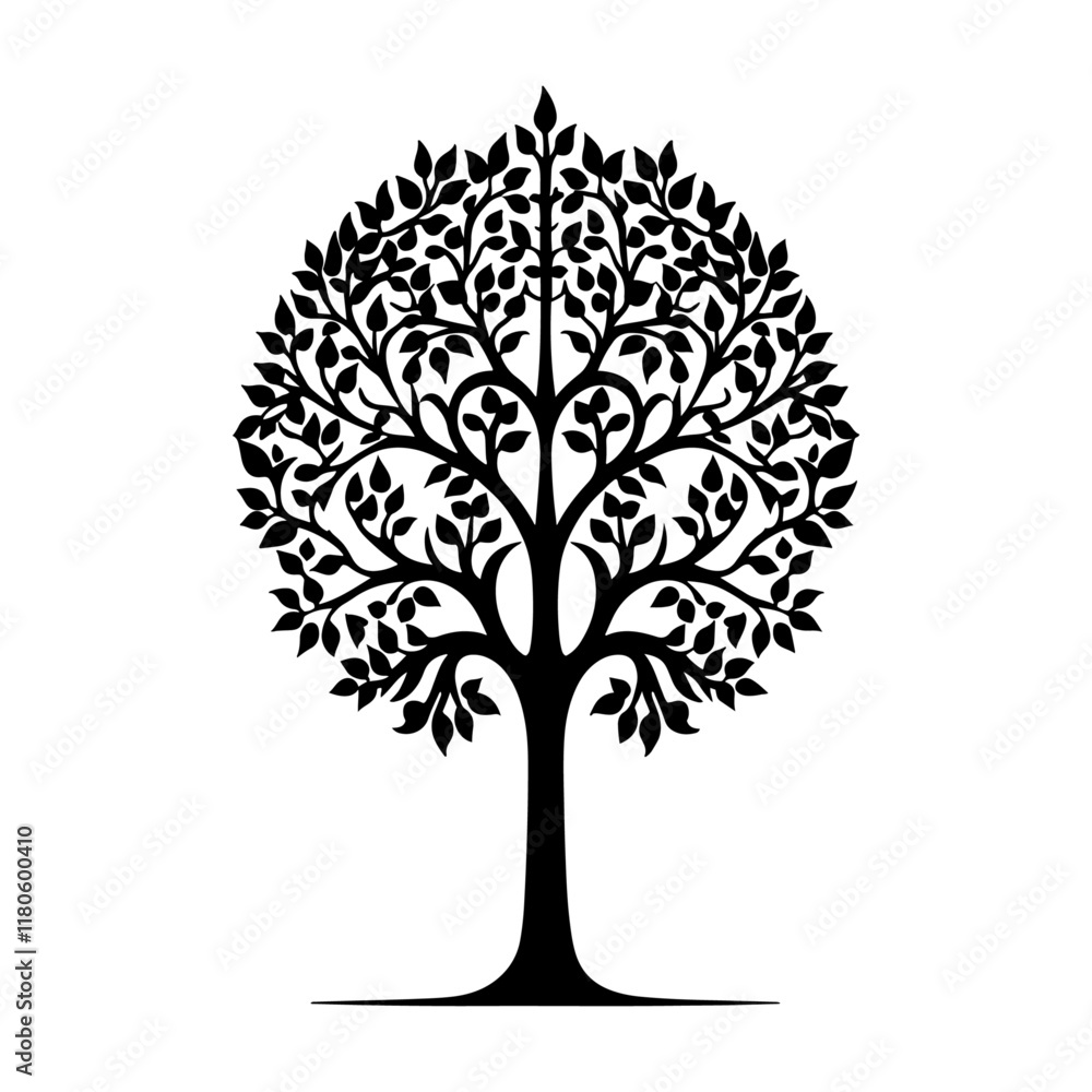 Obraz premium Stylized Tree Silhouette, Round Shape.Abstract Tree Vector, Black and White.Tree of Life Symbol, Minimalist Art.Black Tree Silhouette, White Background.Tree Icon, Decorative Design Element
