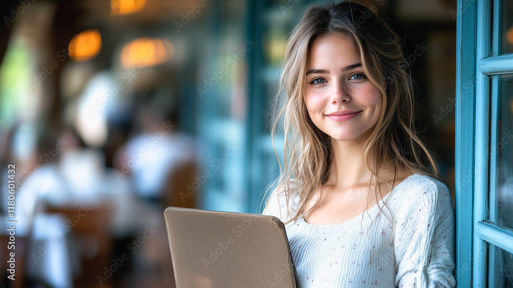 Fototapeta premium Confident and Connected: A young woman with a warm smile, radiating confidence as she holds her laptop, captured in a relaxed and inviting setting.