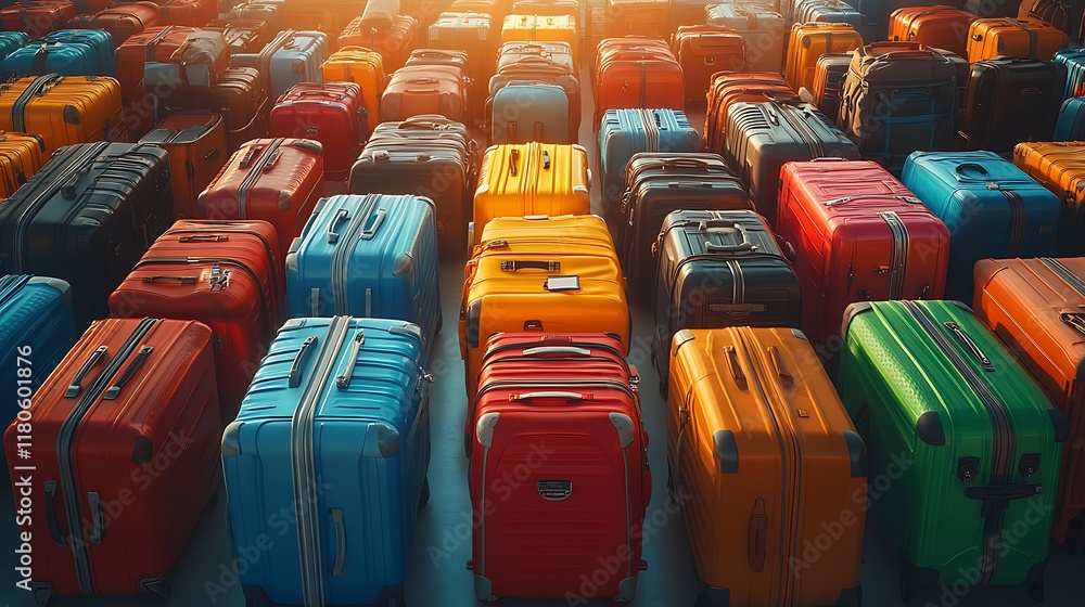 Fototapeta premium Travelers organizing colorful luggage at airport terminal evening
