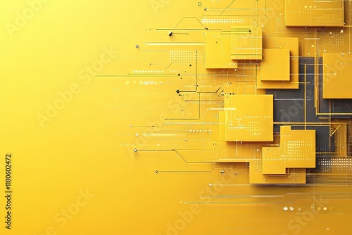 Abstract yellow technology background with geometric shapes and circuitry.