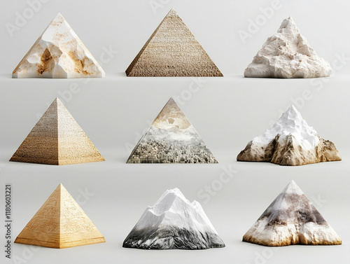 9 icônes de pyramides en 3D sur fond gris photo