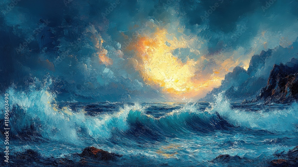 Fototapeta premium Dramatic ocean waves crashing against rocks at sunset.