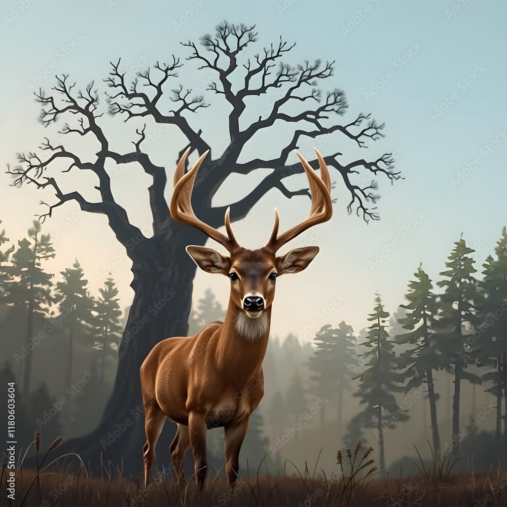 Fototapeta premium This is an illustration of a majestic deer with a pair of antlers, standing in a serene forest environment with a large, branching tree prominently in the background. The deer has a calm demeanor, and