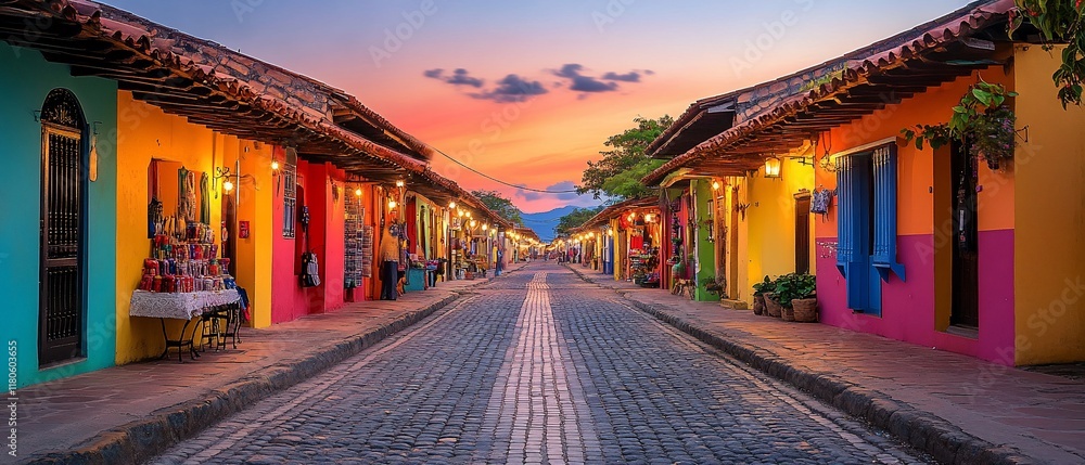 Fototapeta premium Colorful street at sunset, Latin America. Travel, tourism
