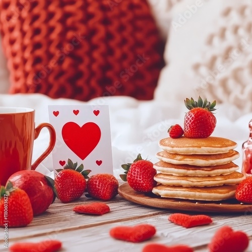 Valentine's Day Delicious Cup of Coffee with Fluffy Pancakes Topped with Fresh Strawberries on Rustic Wooden Table Creating Cozy and Inviting Breakfast Atmosphere Relaxation