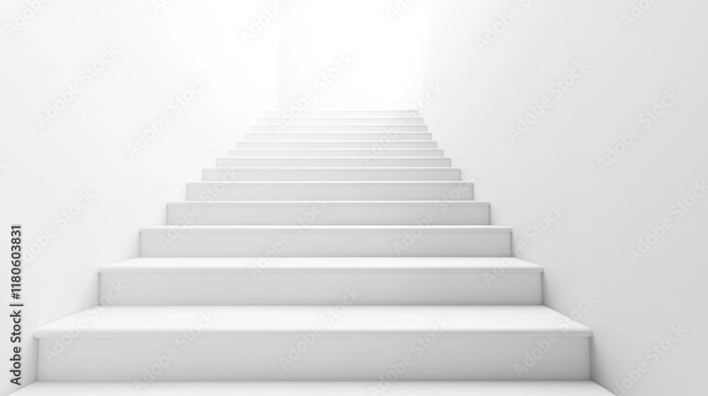 Staircase leading upwards in bright, minimalistic white space, evoking sense of hope and tranquility. clean lines and simplicity create serene atmosphere Staircase leading upwards in bright, minimalistic white space, evoking sense of hope and tranquility. clean lines and simplicity create serene atmosphere
