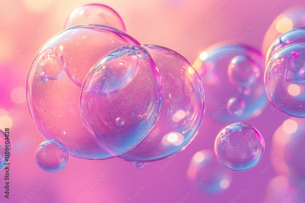 Colorful Soap Bubbles Floating Against a Soft Pink and Purple Background with Sparkling Light Reflections Colorful Soap Bubbles Floating Against a Soft Pink and Purple Background with Sparkling Light Reflections