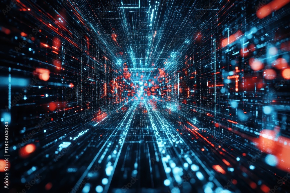 Abstract digital tunnel with red and blue lights. Illustrates data flow, digital transformation, or network concepts.