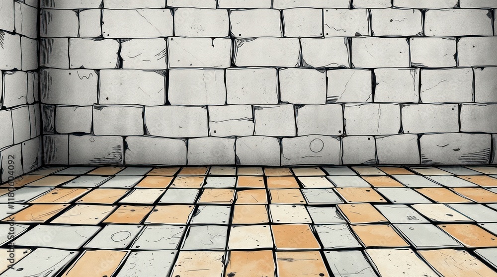 Fototapeta premium Warm golden glow, overhead bird’s eye view of a futuristic sci-fi scene. Canvas texture background with an Islamic pattern on a vintage floor of gray-brown, rusty, worn patchwork tiles