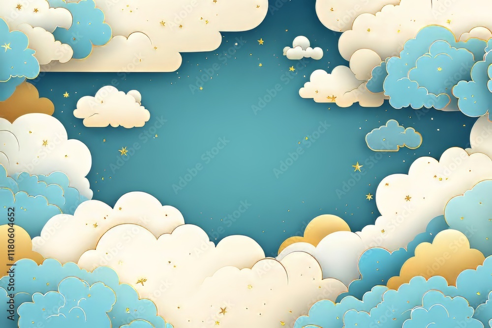 Whimsical cloud illustration with blue and gold accents on a serene background. Whimsical cloud illustration with blue and gold accents on a serene background.