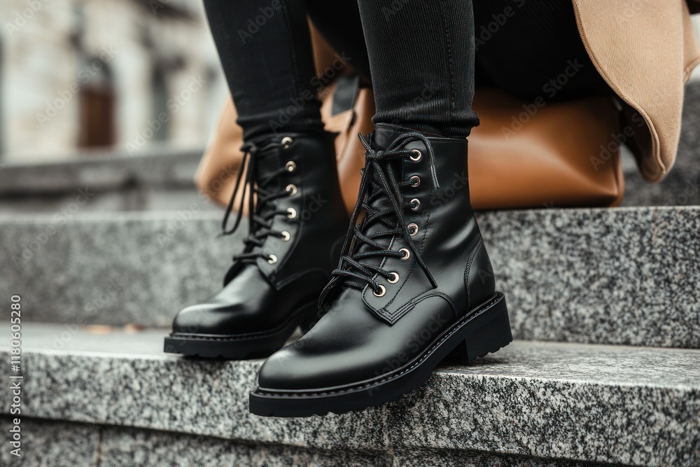 Black Leather Boots on a Stone Staircase Black Leather Boots on a Stone Staircase