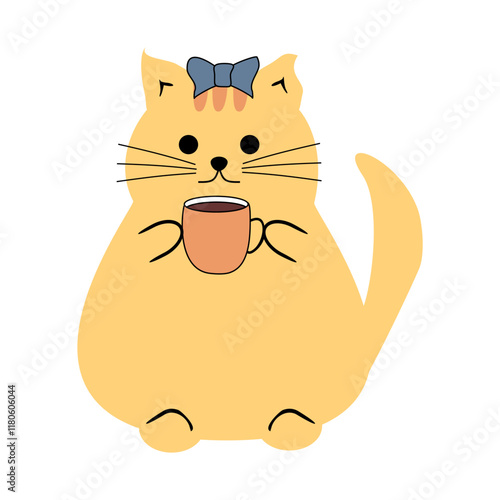  Cute nice lovely cat with a cup of tea or coffee cartoon character on white background vector illustration