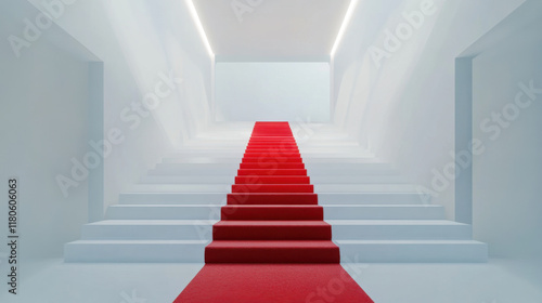 minimal style white room featuring staircase with striking red carpet  creating bold contrast and inviting atmosphere. design emphasizes simplicity and elegance