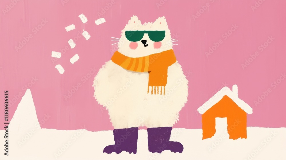 Fototapeta premium Cute and Fluffy Cat Wearing Trendy Polarized Sunglasses Relaxing in a Cozy Cabin Surrounded by Snowy Mountain Landscape