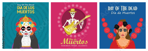 Day of the dead Dia de los Muertos.Human skull wearing sombrero hat and playing guitar.