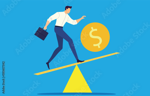 Balancing act. Businessman balancing on a seesaw with a dollar coin, symbolizing the delicate balance of financial risk and reward. Ideal for presentations, articles, and marketing materials.