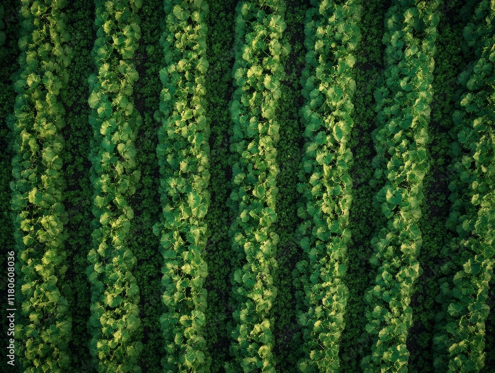 Aerial view of rows of lush green plants in a vast agricultural field. Aerial view of rows of lush green plants in a vast agricultural field.