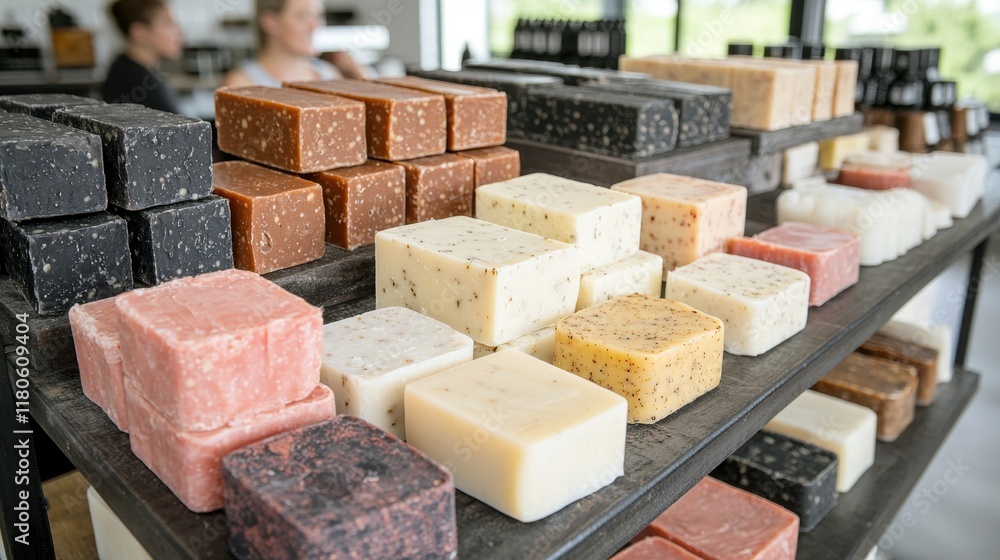 Handcrafted soap display artisan shop product showcase modern environment close-up view unique craftsmanship Handcrafted soap display artisan shop product showcase modern environment close-up view unique craftsmanship