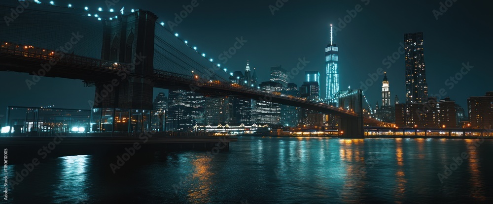 Obraz premium Night View of the Brooklyn Bridge and the NYC Skyline