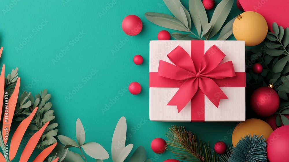 Obraz premium Unwrap joy festive gift box surrounded by holiday decor vibrant setting still life top view celebration concept