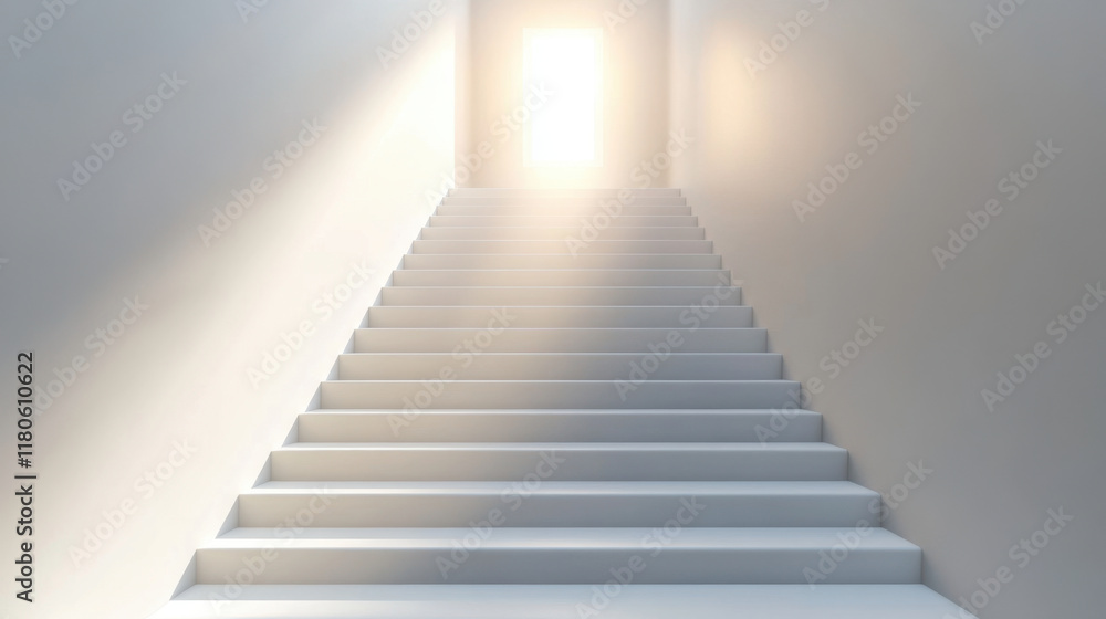 Fototapeta premium bright staircase leads to glowing light, symbolizing success and hope. clean, white design creates serene atmosphere, inviting viewers to envision their journey