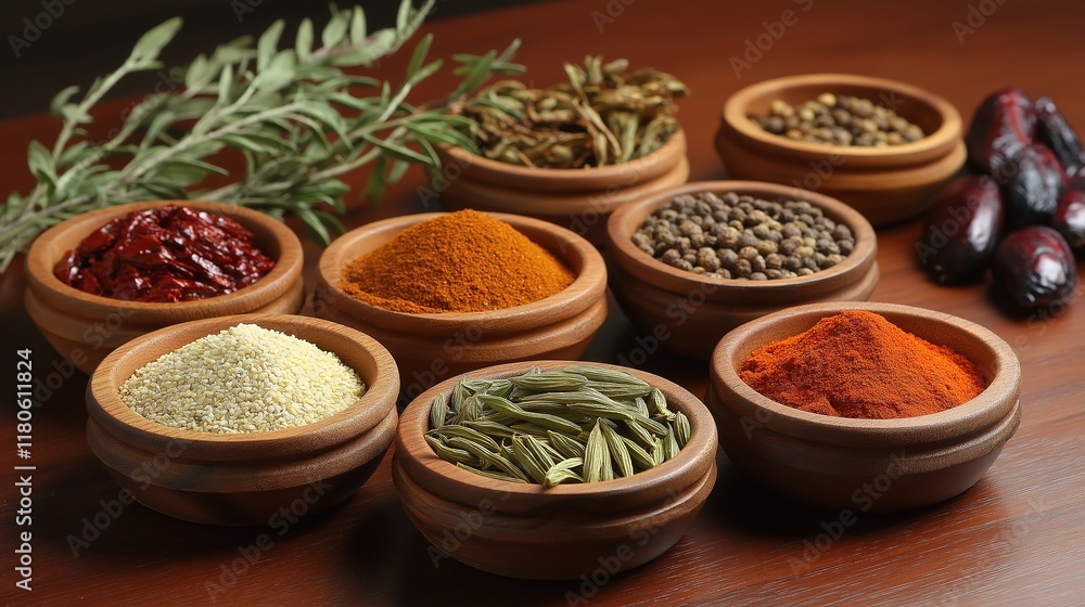 Assorted spices and herbs in wooden bowls on a wooden table Assorted spices and herbs in wooden bowls on a wooden table