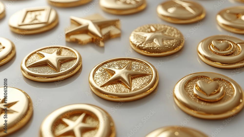 Gold star tokens scattered on white surface. Gold star tokens scattered on white surface.