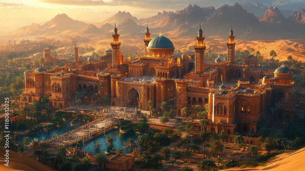 Obraz premium Grand desert palace, sunset, majestic architecture.