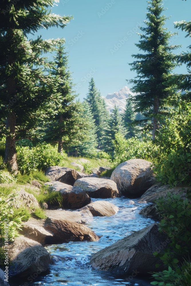 Pristine Mountain Stream Flows Through Lush Forest Landscape